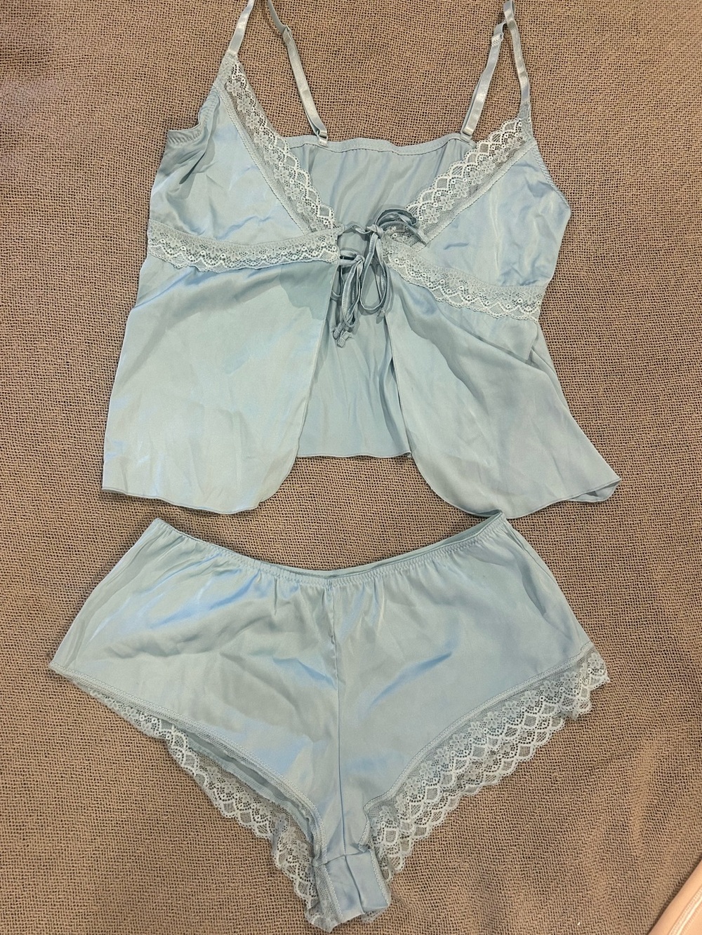 Light Blue Satin Lace-Trim Camisole & Shorts Sleep Set
